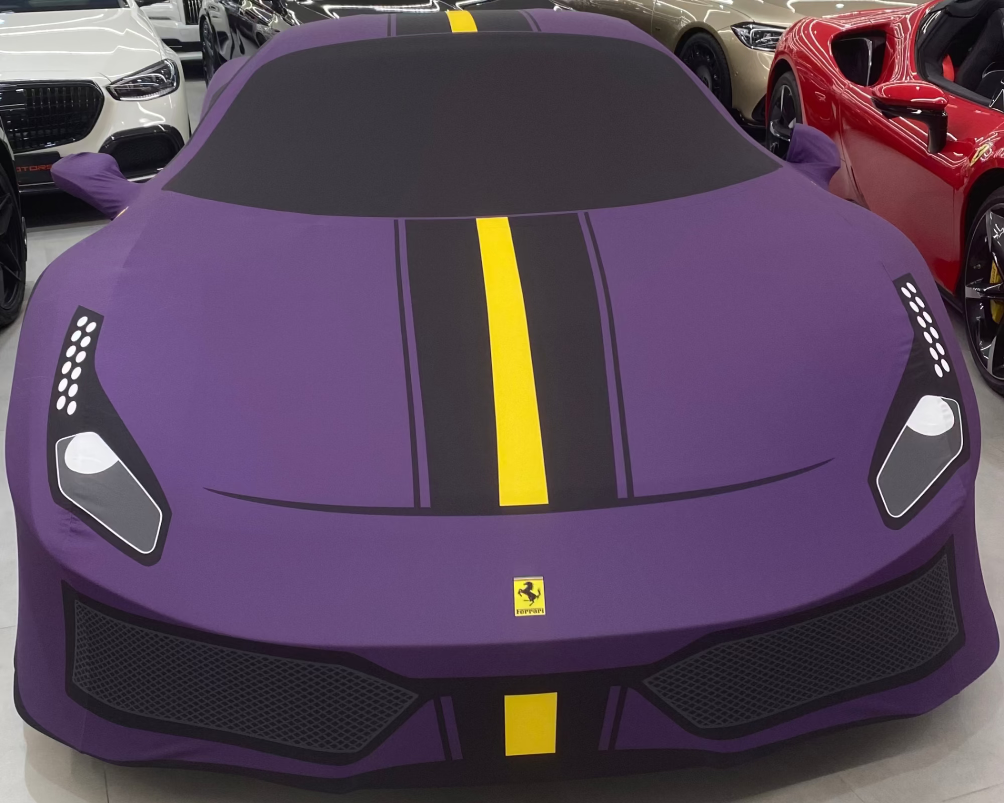 Luxury bespoke indoor car cover for Ferrari 488 Pista by TyreDox, custom-fit supercar cover in purple with racing stripe, premium tailored protection.