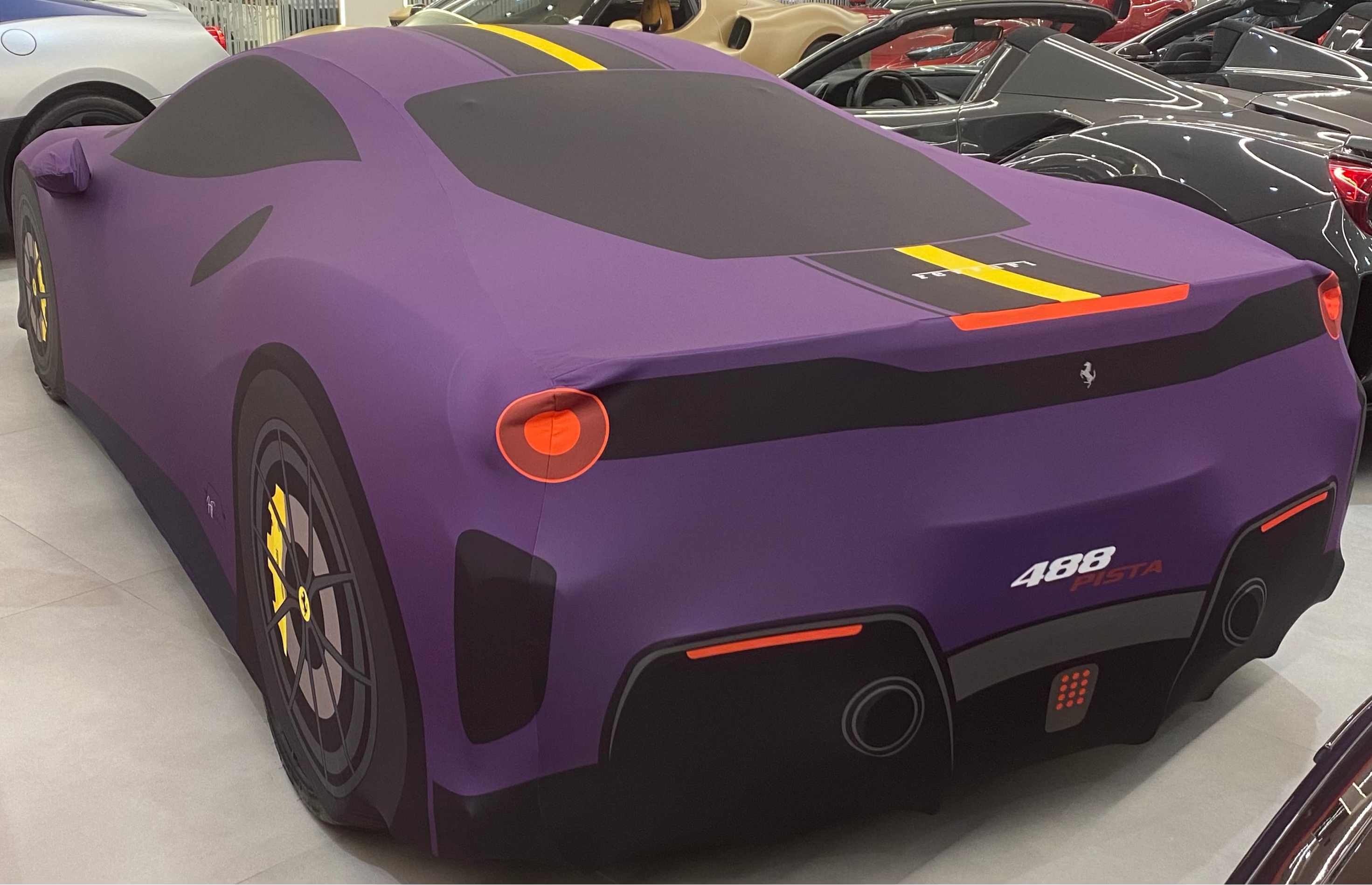 Bespoke custom-made TyreDox car cover tailored to the exact shape of this 488 Pista