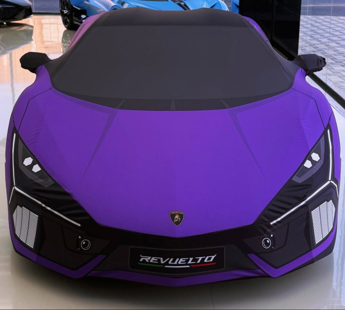 Custom indoor car cover for Lamborghini Revuelto – luxury tailored fit, breathable fabric, premium protection by TyreDox.